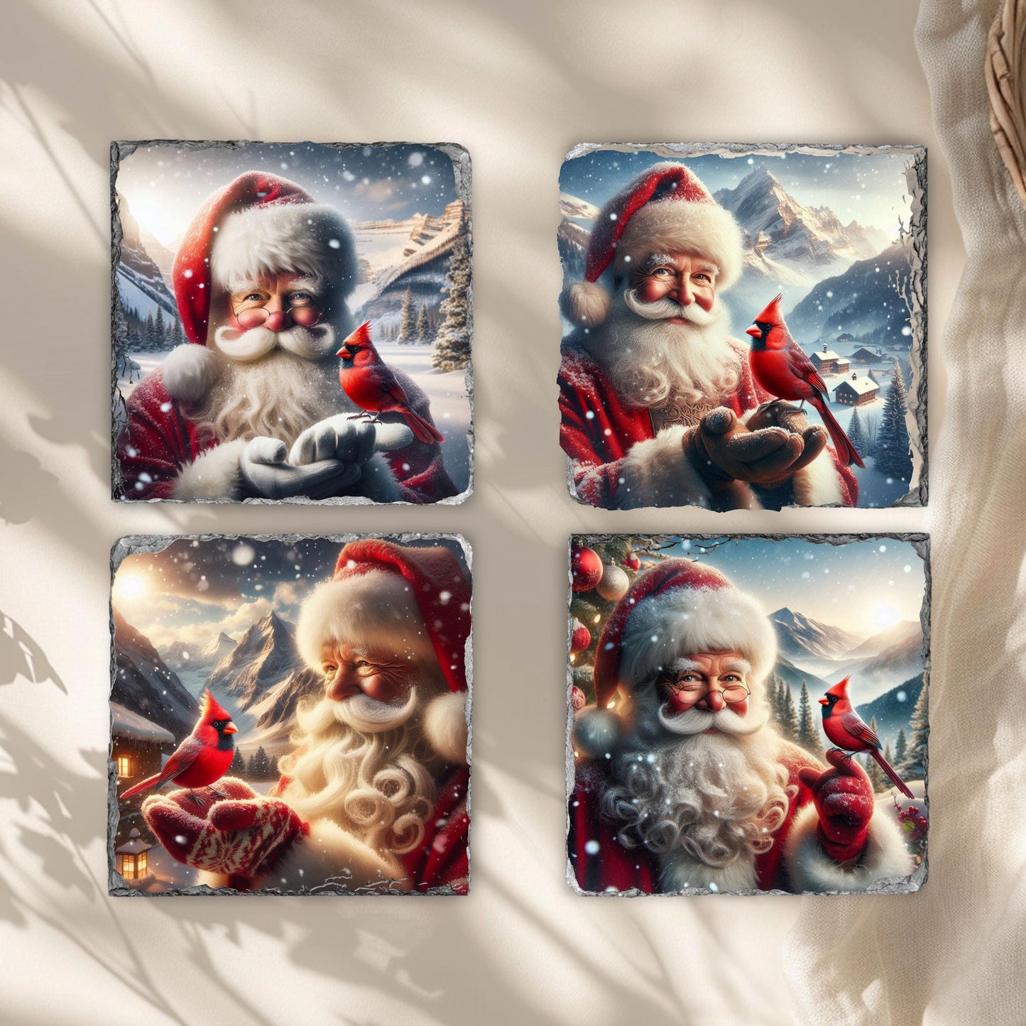Slate Coaster Set with Santa's Winter Scene and Cardinal - 3.5x3.5 Inches Fractured Edges Includes Black Rack Ideal Holiday Gift