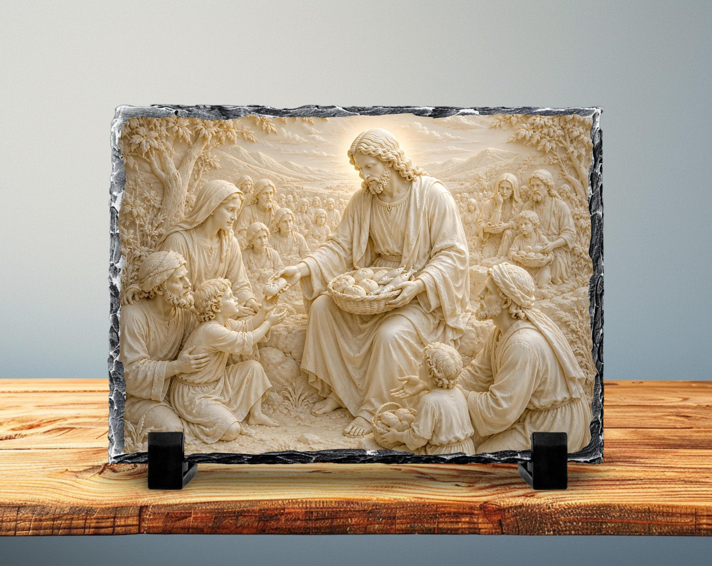 Jesus Feeding the 5000 Slate Plaque, Loaves Fishes Miracle Religious Decor, Christian Gift