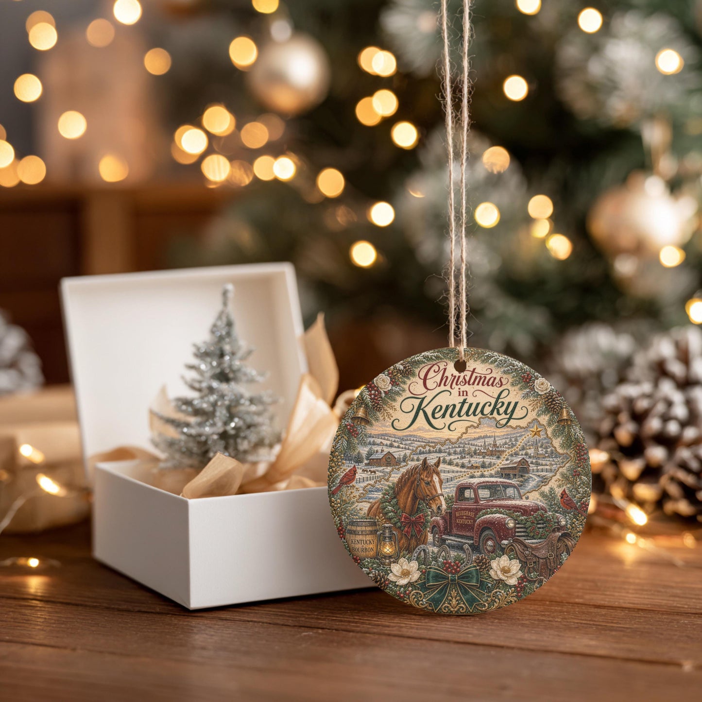 Kentucky Christmas Ornament, Bluegrass Horse Farm Ceramic Round