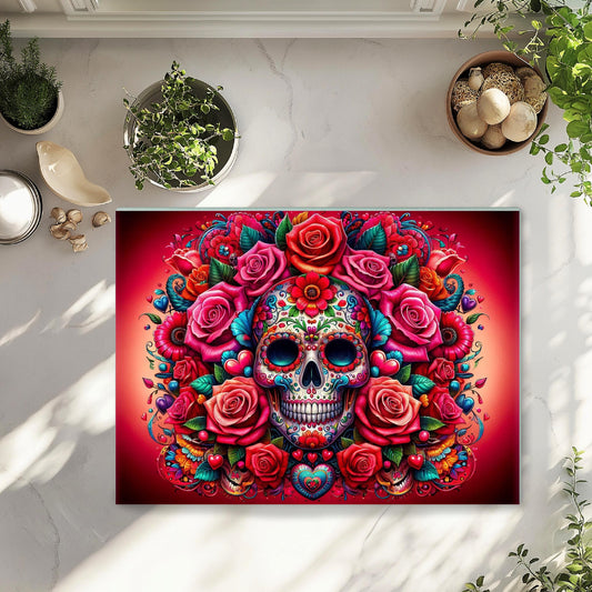 Tempered Glass Cutting Board with Day of the Dead Skull Design - Ideal for Meal Prep