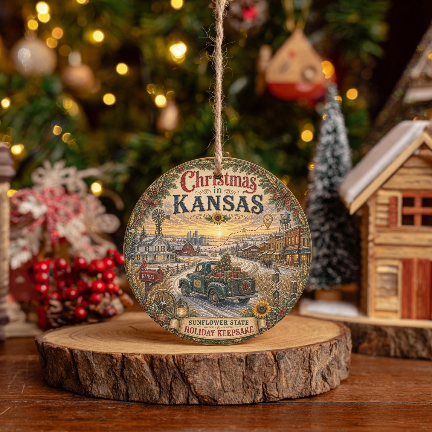 Kansas Christmas Ornament | Vintage Green Truck Ceramic Keepsake, 3 Inch
