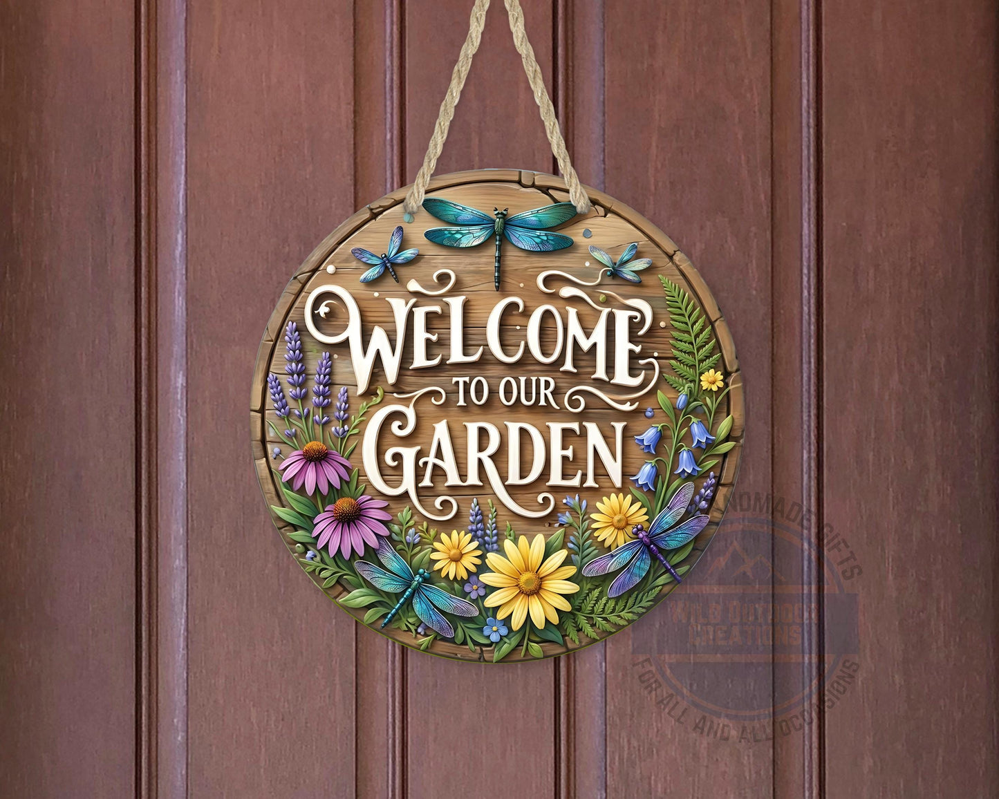 Welcome Garden Sign – Round Garden Door Hanger with Dragonfly & Rustic Decor - displayed on front door