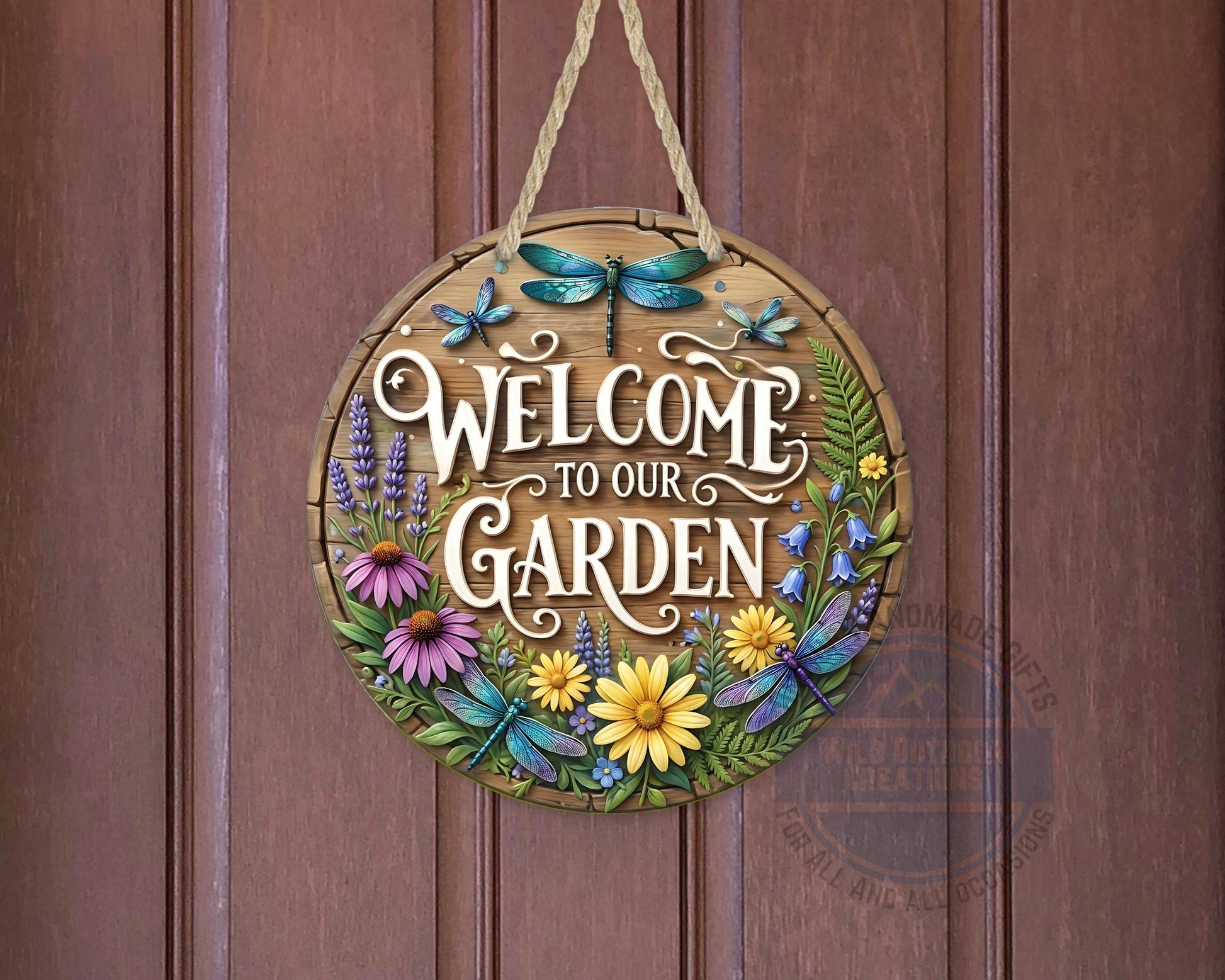 Welcome Garden Sign – Round Garden Door Hanger with Dragonfly & Rustic Decor - displayed on front door
