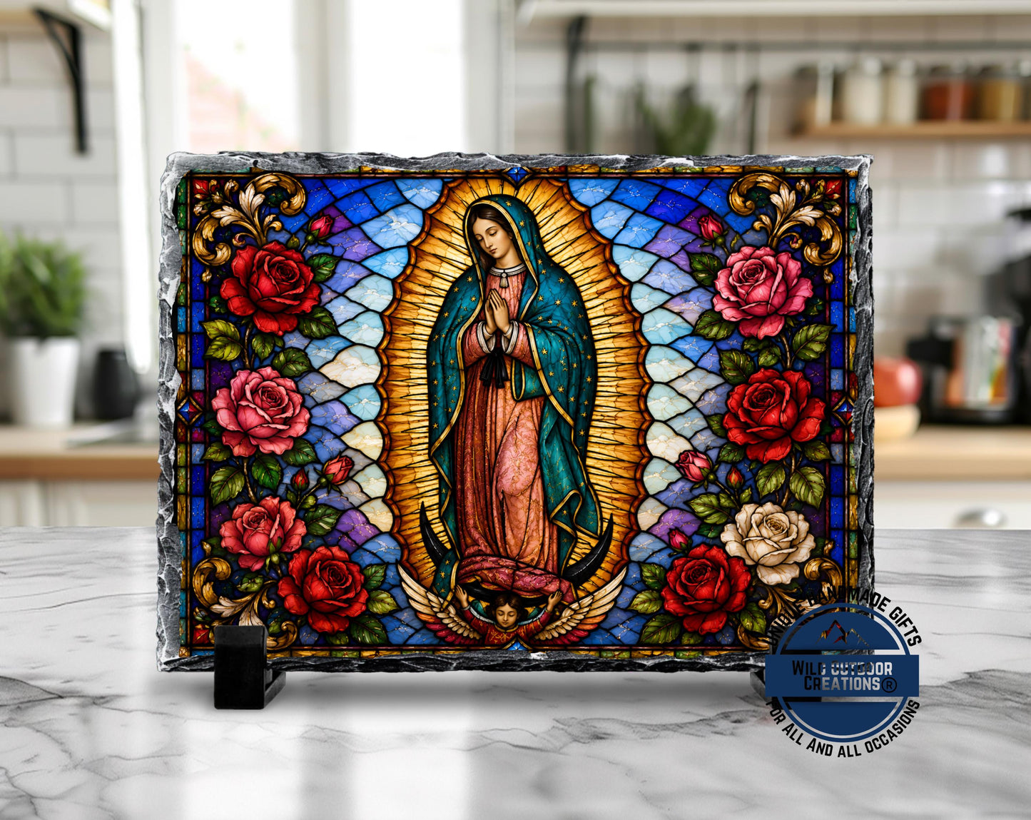 Our Lady of Guadalupe Faux Stained Glass Slate Plaque, Virgen Maria Catholic Gift