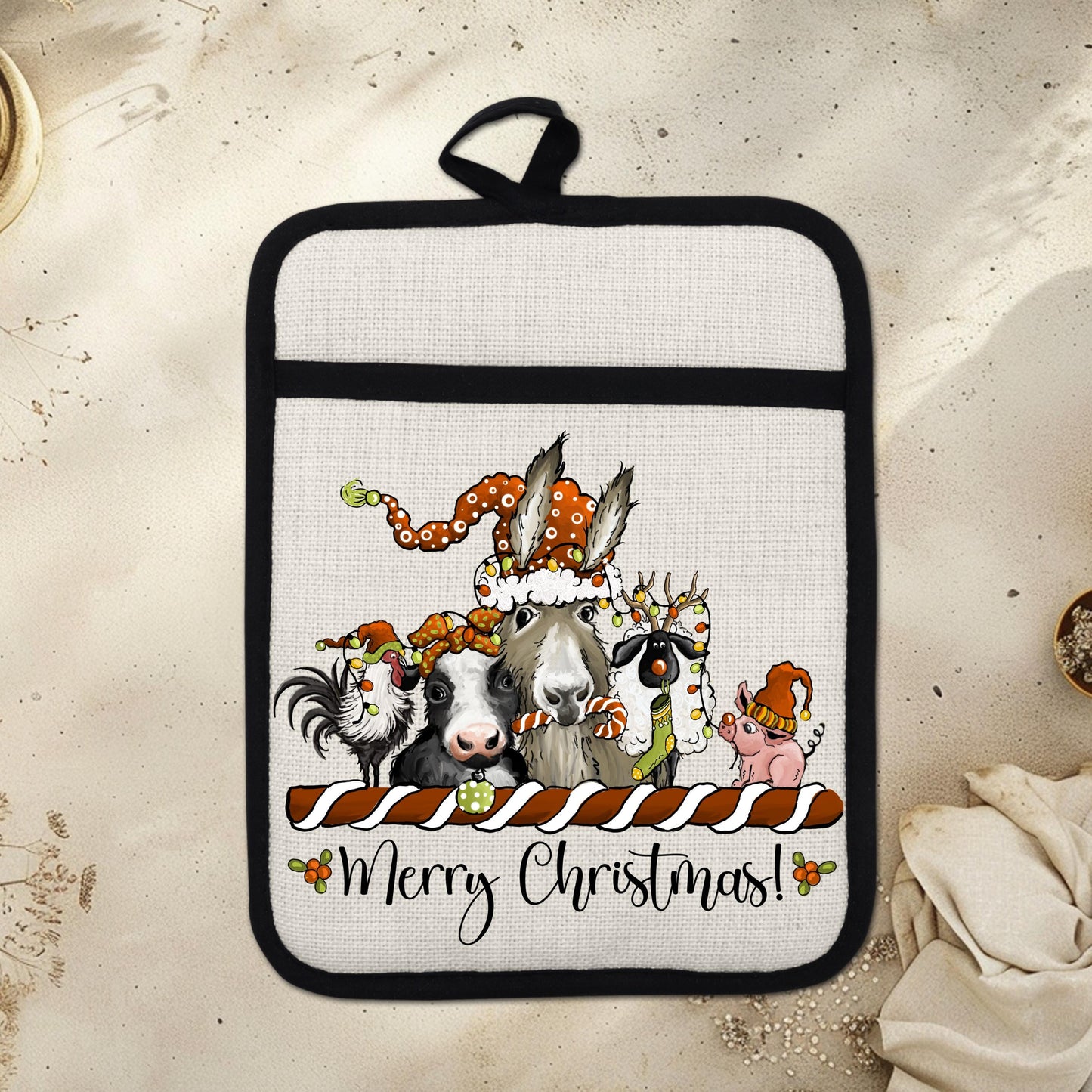 Farm Animal Christmas Pot Holder  Funny Holiday Kitchen Decor with Chicken Cow Llama Pig  Sheep Design