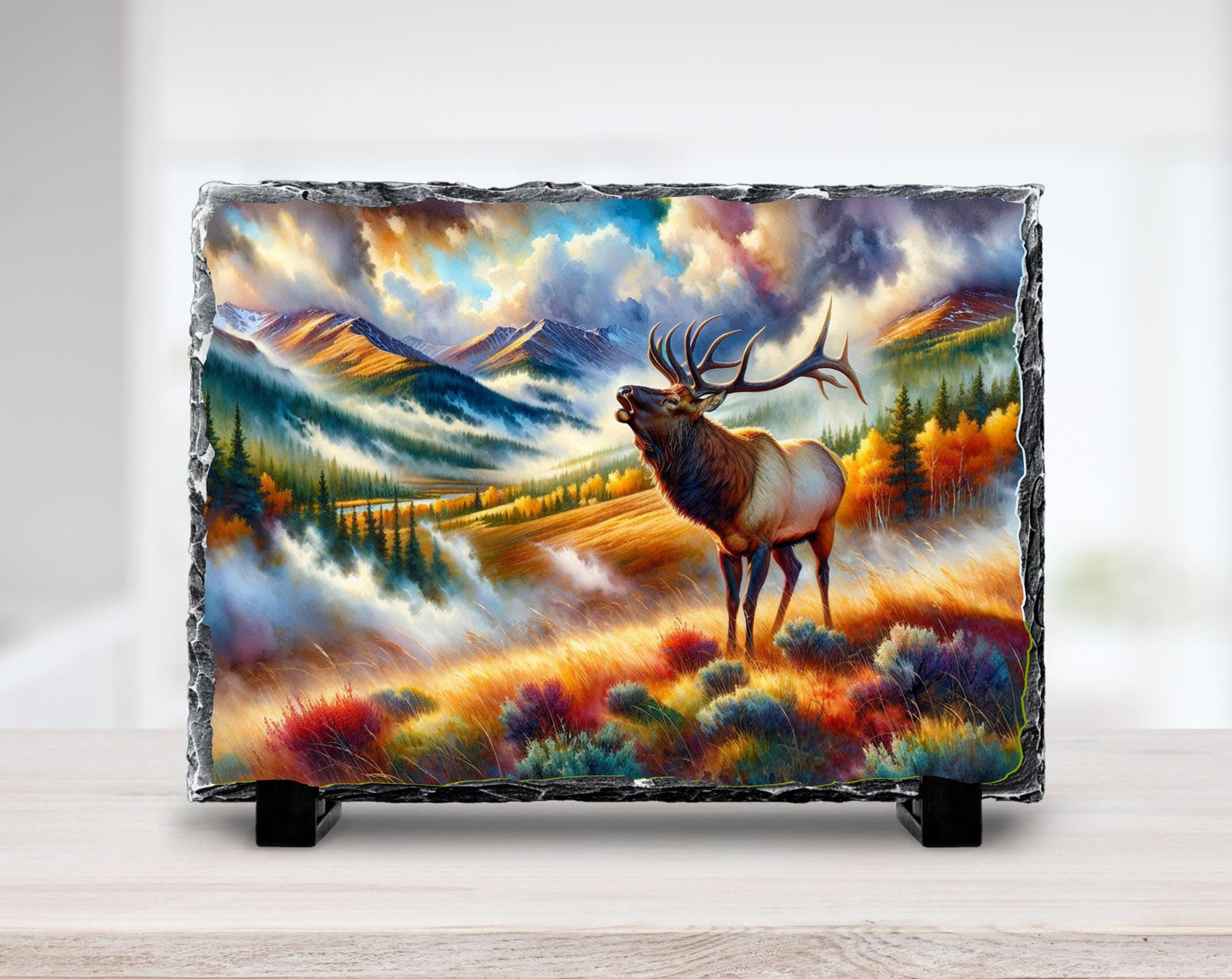 Bugling Elk Slate Plaque - Autumn Mountain Scene Wildlife Art for Rustic Cabin Decor