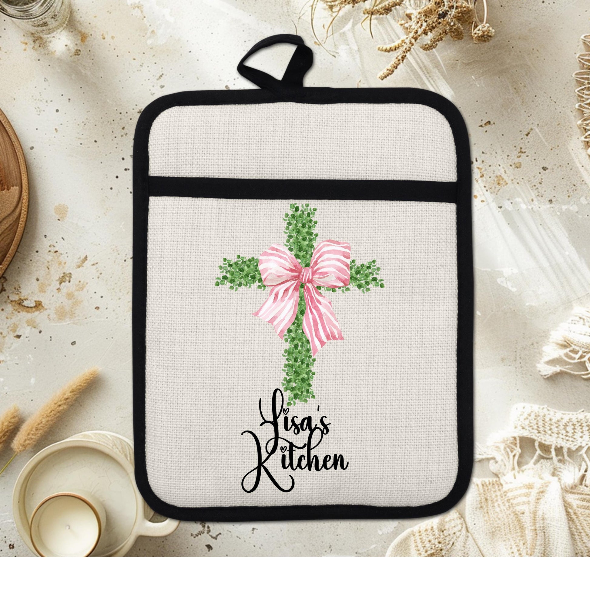 Personalized Cross Pot Holder – Pink Floral Cross, Custom Name Kitchen Gift - packaging and presentation