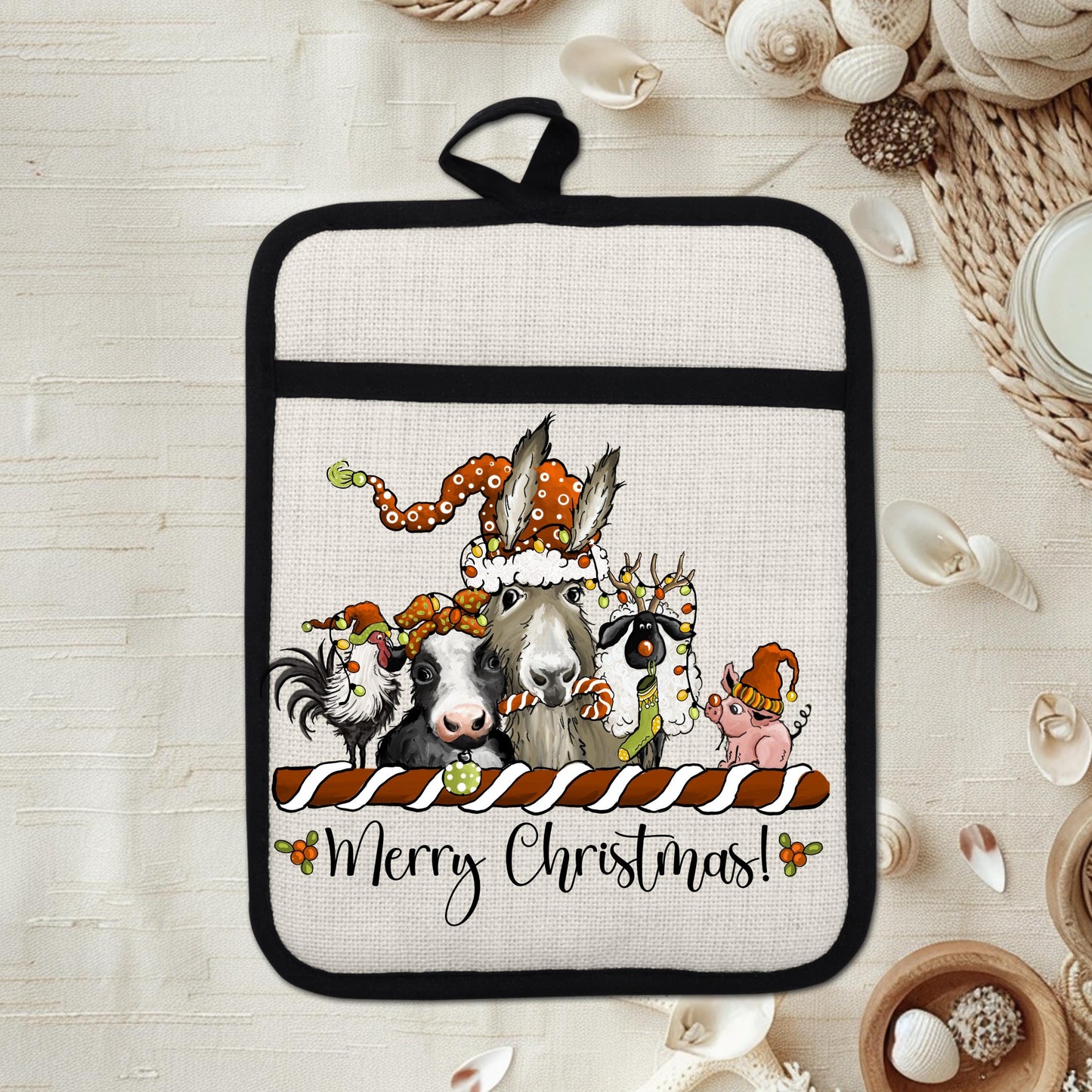 Farm Animal Christmas Pot Holder  Funny Holiday Kitchen Decor with Chicken Cow Llama Pig  Sheep Design
