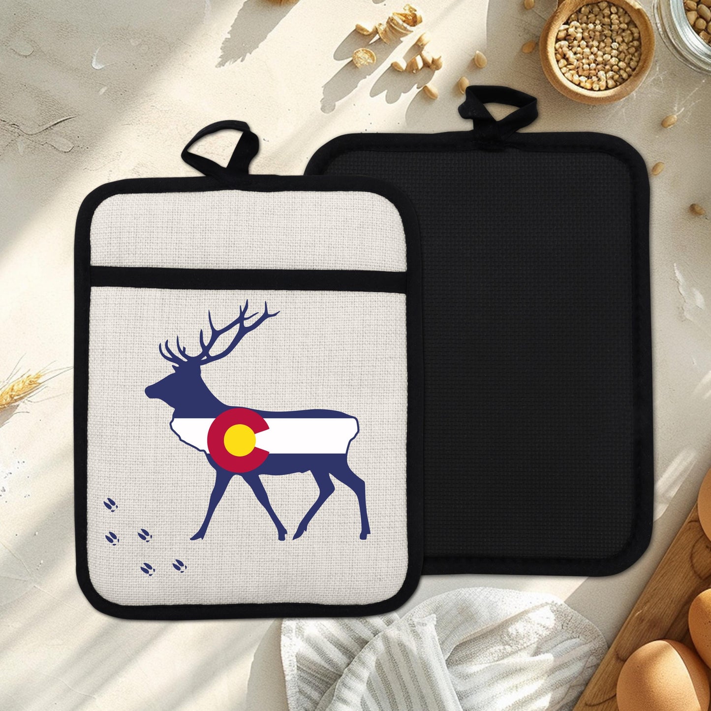 Elk Pot Holder - Colorado Linen With Silicone Back, Heat Resistant Trivet 9x7 Inches