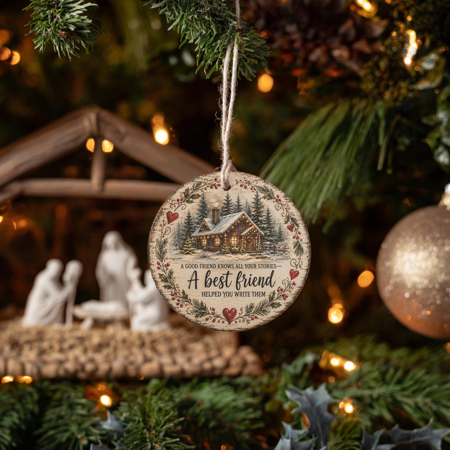 A round ornament hanging from a Christmas tree, featuring a nativity scene and a quote about the importance of friends.