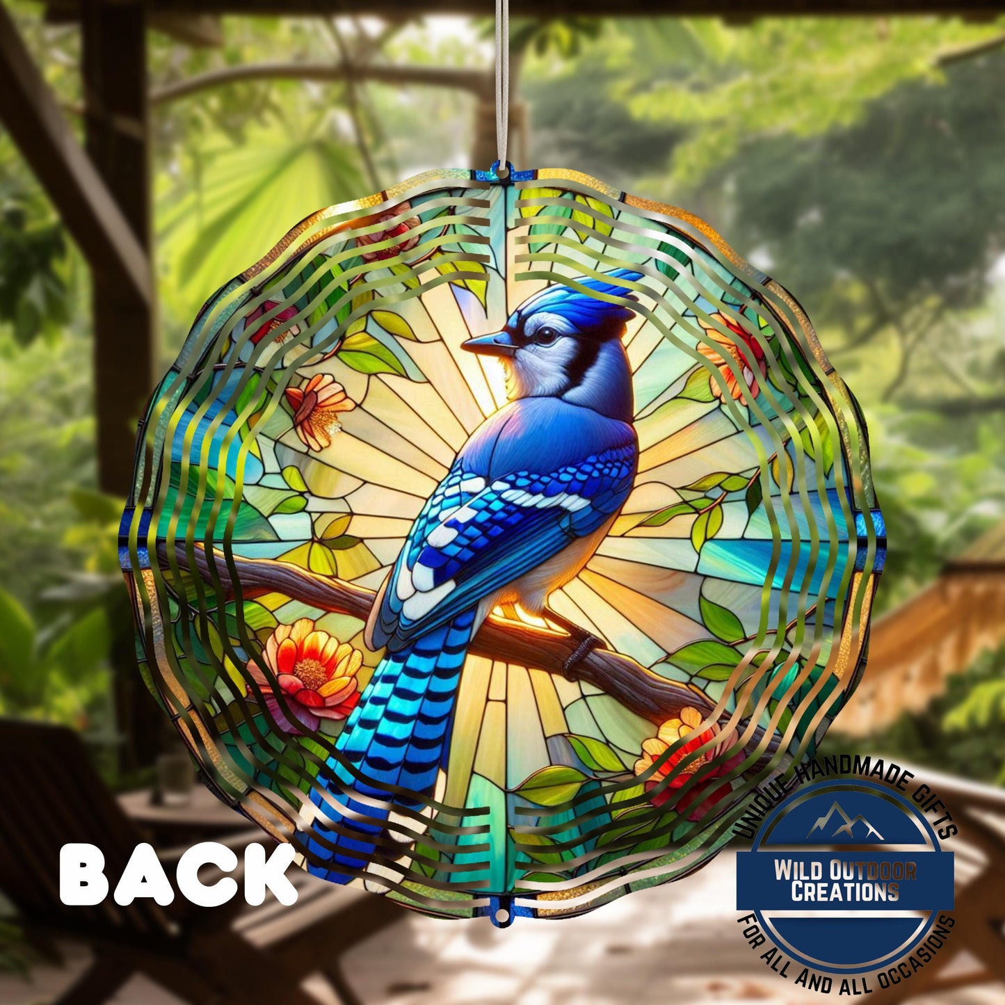 Blue Jay Wind Spinner – 10 Inch Aluminum Garden Spinner with Faux Stained Glass Decor