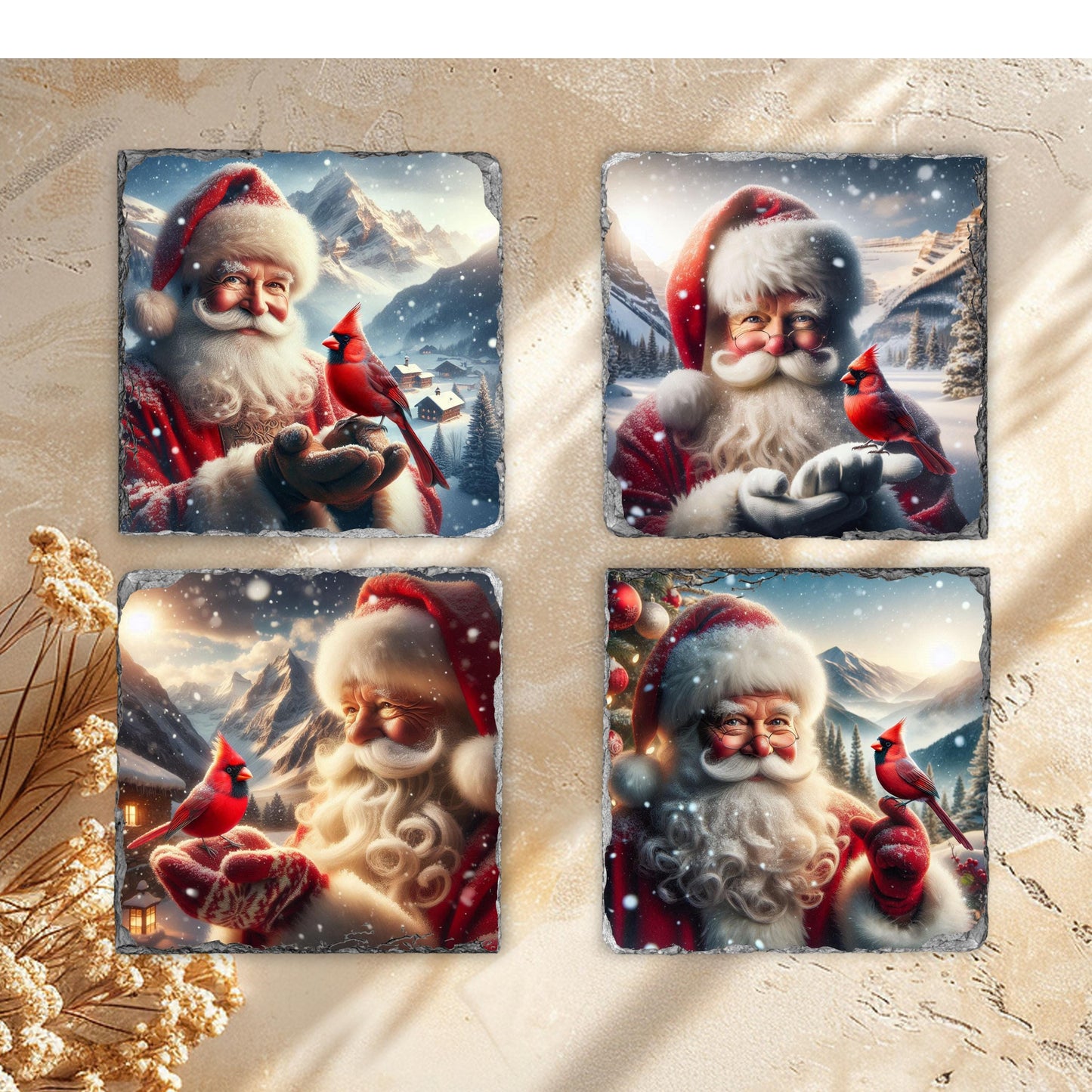 Slate Coaster Set with Santa's Winter Scene and Cardinal - 3.5x3.5 Inches Fractured Edges Includes Black Rack Ideal Holiday Gift