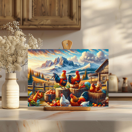Mountain Farm Chicken Cutting Board - Rustic Glass Art Kitchen Decor Perfect Gift for Chicken Lovers