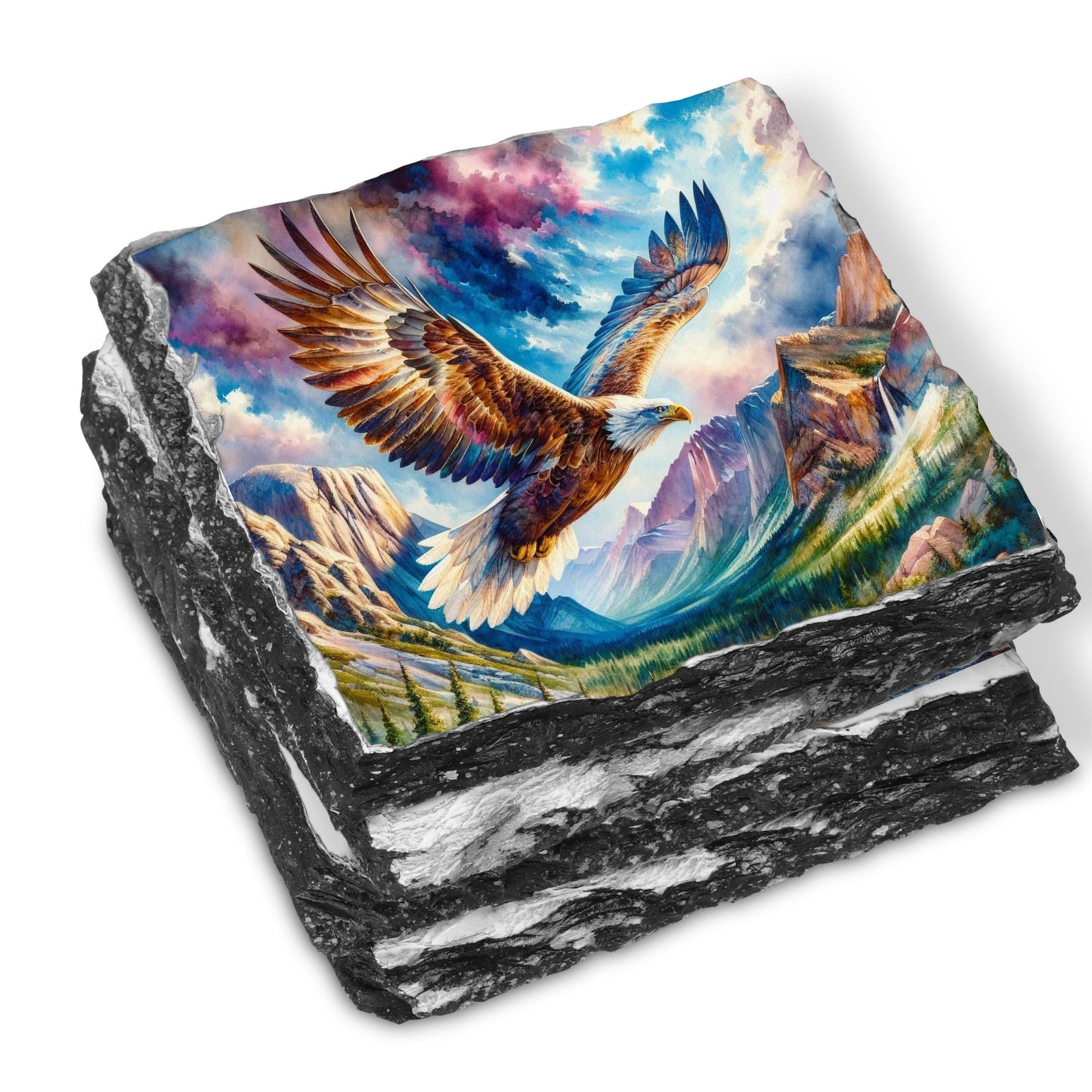 Eagle and Mountain Watercolor Slate Coaster Set with Fractured Edges  Perfect Rustic Gift for Wilderness Enthusiasts
