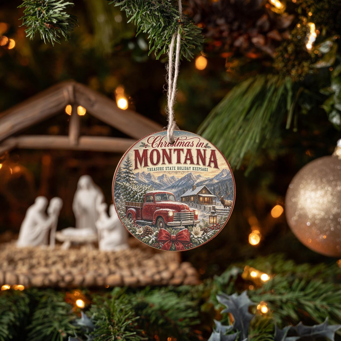 Montana Christmas Ornament, Rustic Cabin Scene | Ceramic, 3 Inch