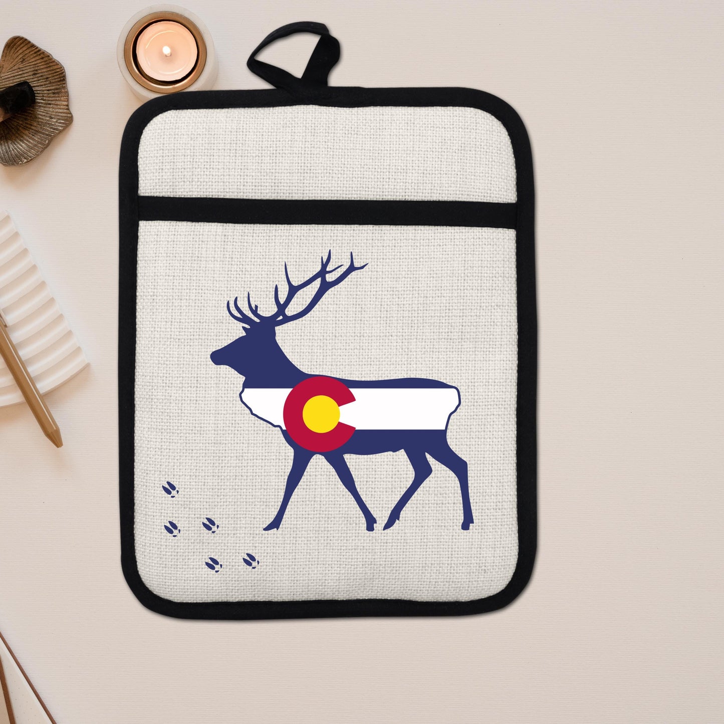 Elk Pot Holder - Colorado Linen With Silicone Back, Heat Resistant Trivet 9x7 Inches