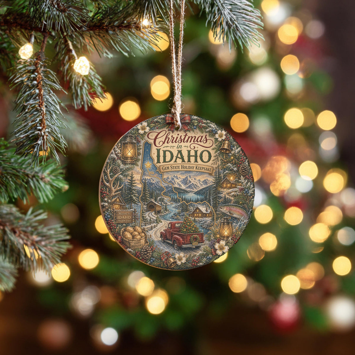 Idaho Ornament, Vintage Truck Ceramic Keepsake, Snowy Cabin Gift