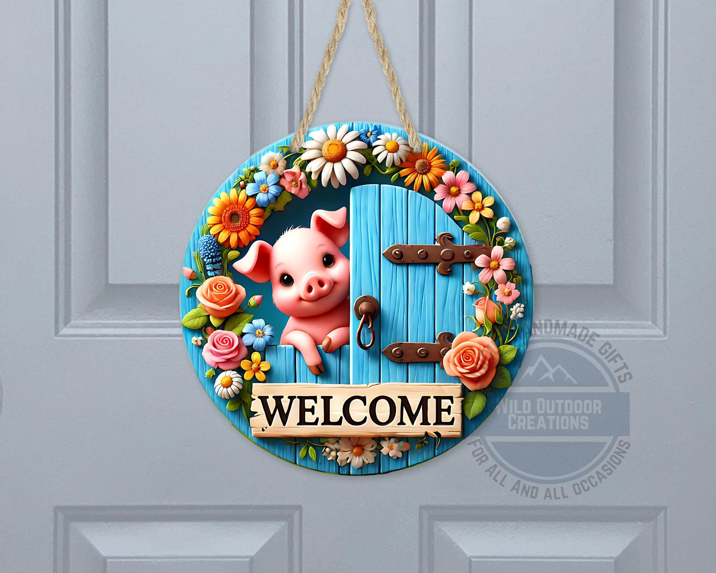 Pig Door Hanger – Farmhouse Welcome Sign | Floral Blue Wood Aluminum Decor