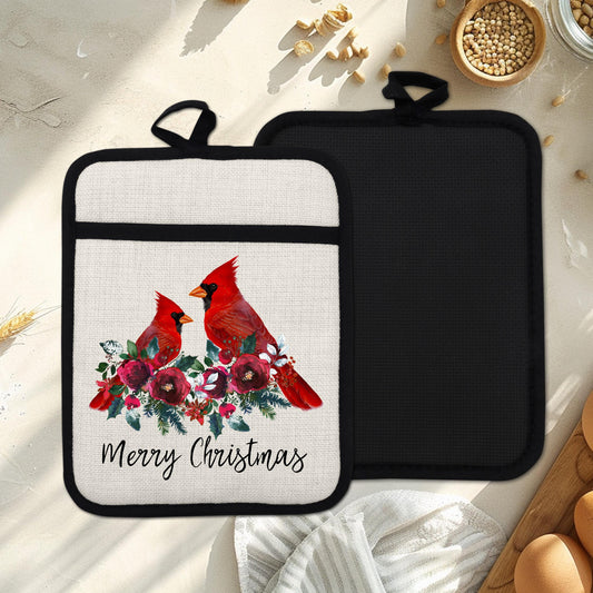 Christmas Cardinal Pot Holder with Two Red Birds on Floral Border - Linen Hot Pad for Holiday Gifting