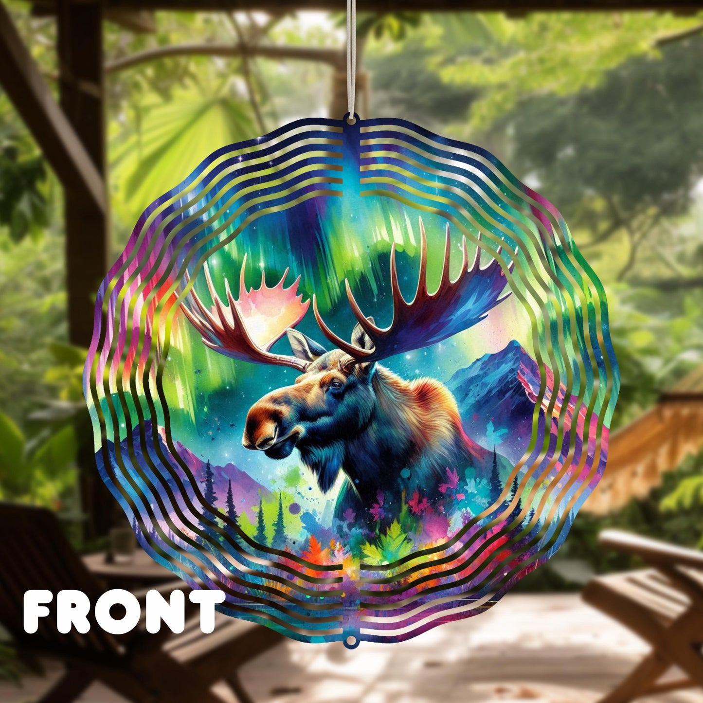 Double-Sided Moose Head Wind Spinner - 10x10 Watercolor Forest  Northern Lights Art