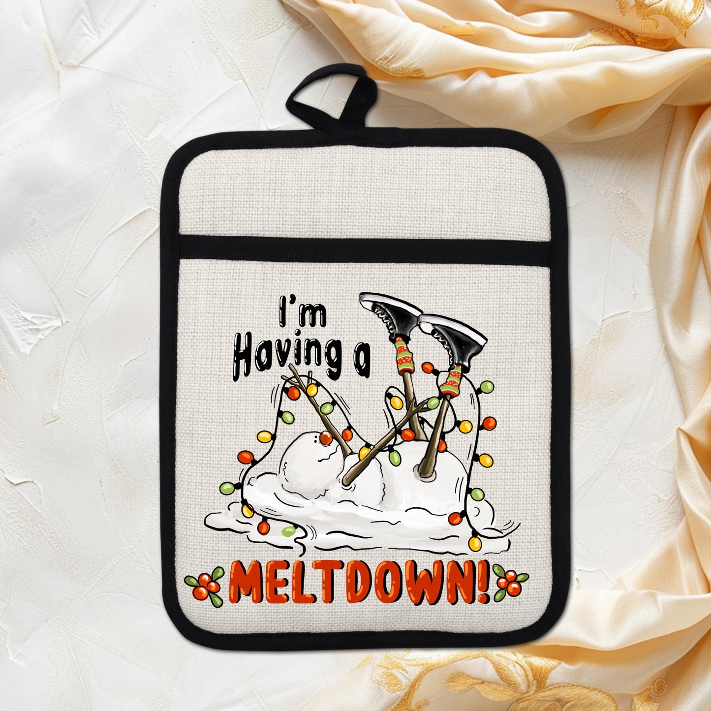 Funny Snowman Pot Holder with Im Having a Meltdown Quote - Holiday Kitchen Decor with Christmas Lights  Holly