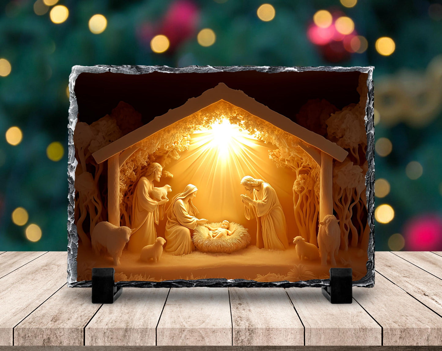3D Glow Nativity Scene Slatestone Decor with Fractured Edges  Unique Religious Home Accent for Christmas Gifts