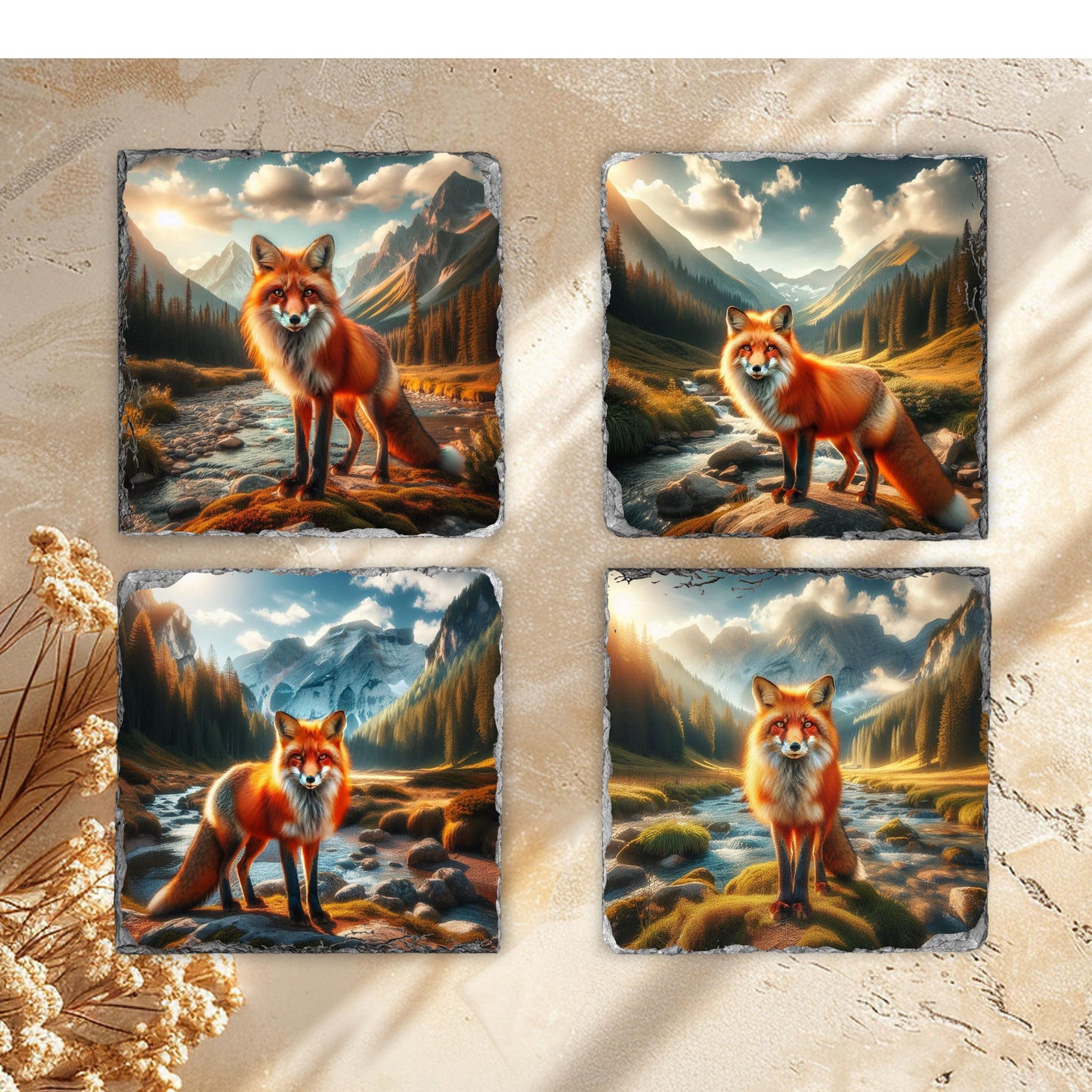 Handcrafted Natural Slate Coaster Set with Fox Mountain Scene  Black Rack - Perfect Gift for Wildlife Lovers