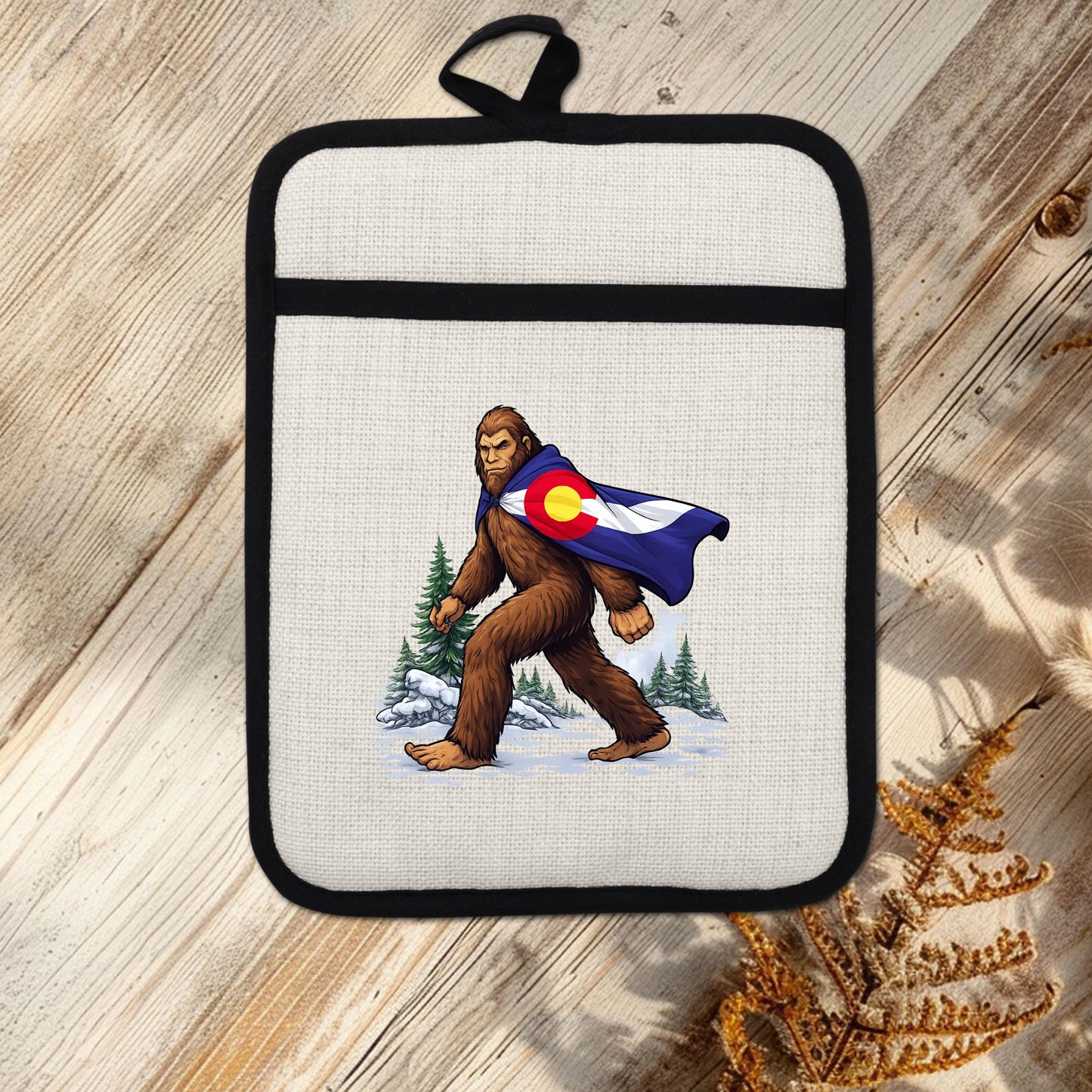 Sasquatch Pot Holder | Colorado Kitchen Decor - Bigfoot Oven Mitt & Heat Resistant Trivet - packaging and presentation
