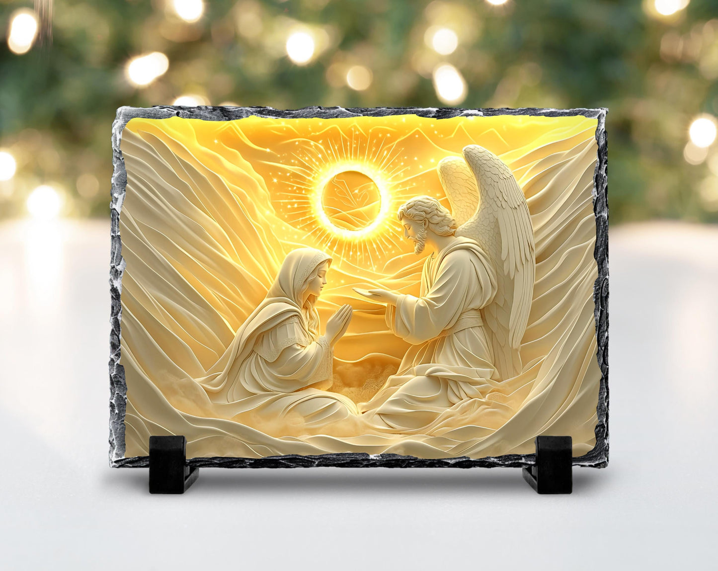 3D Mary with Angel Slate Plaque - Gold Sun Design Fractured Edges