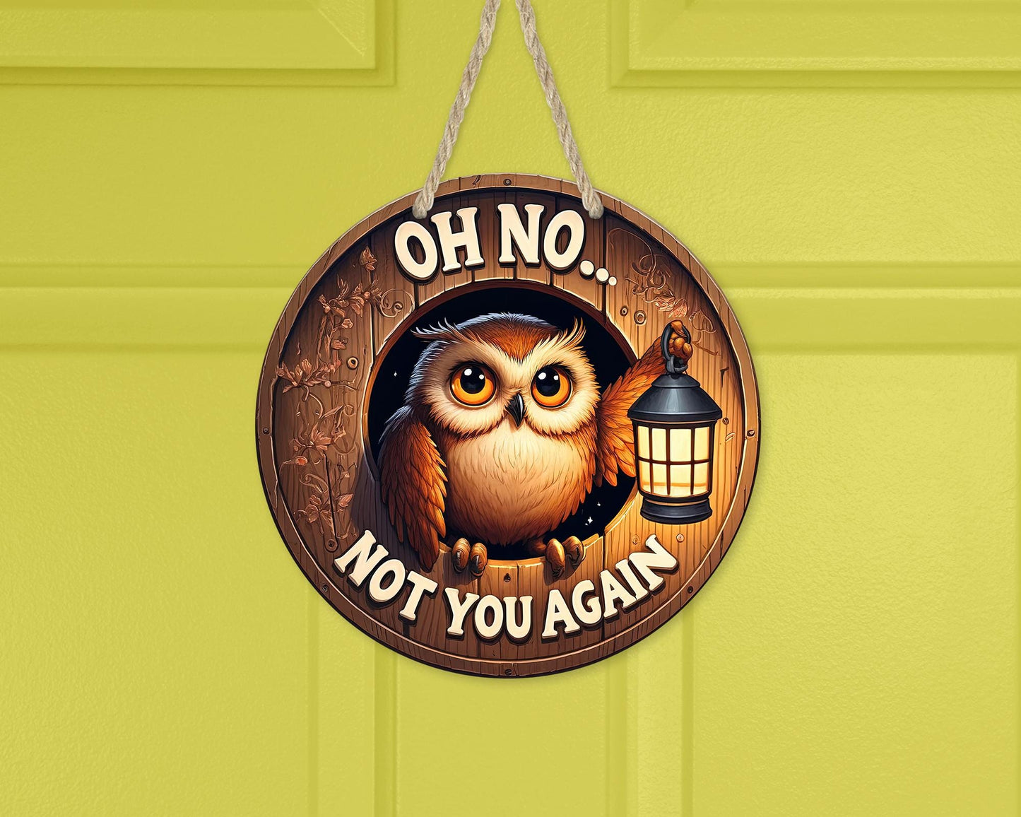 Humorous Owl Lantern Door Sign - 10x10 Aluminum Round Hanger with Faux Peek Hole Unique Gift for Sisters and New Home