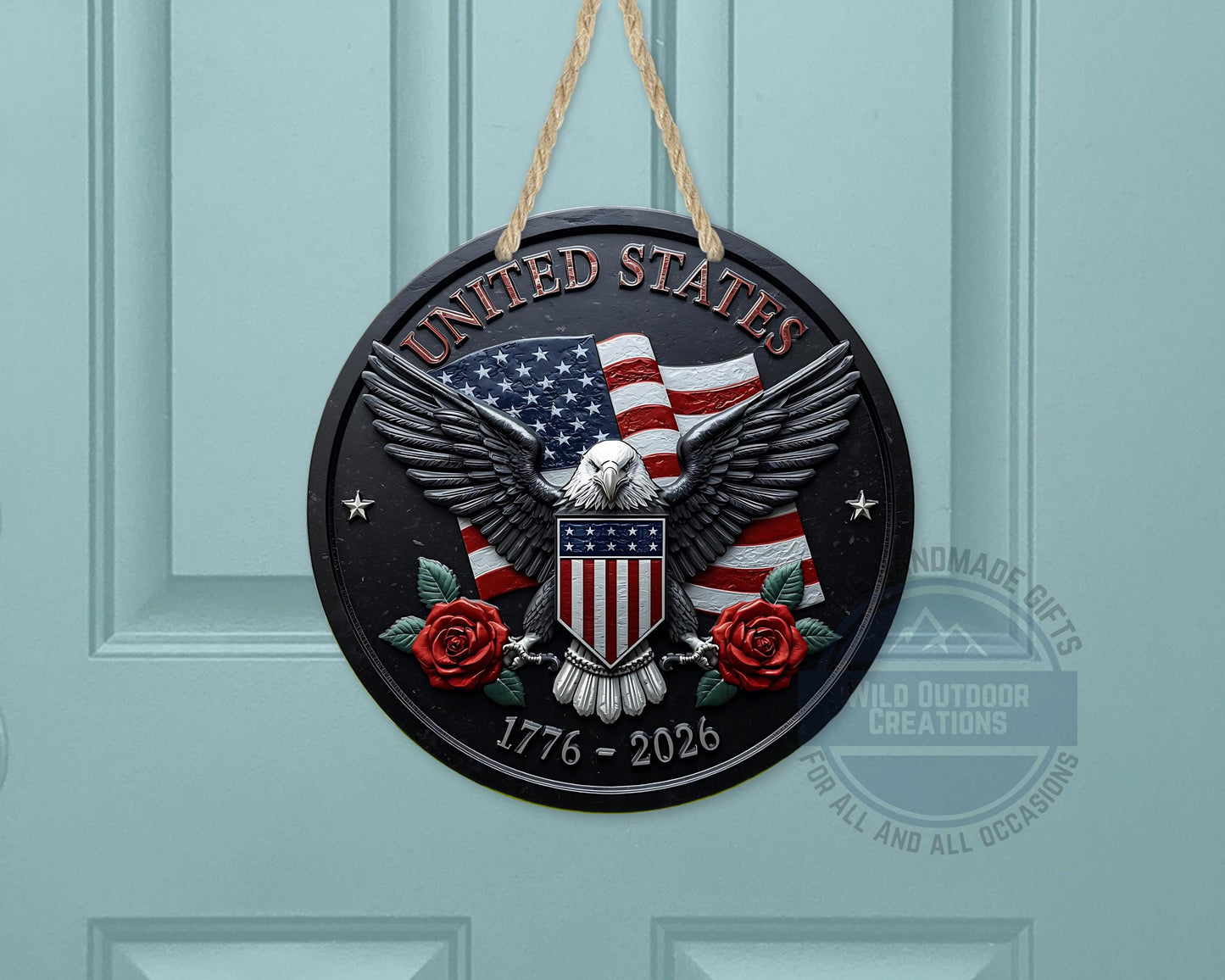 American Eagle Door Hanger - Round Aluminum Patriotic Door Sign, Veteran Gift Idea