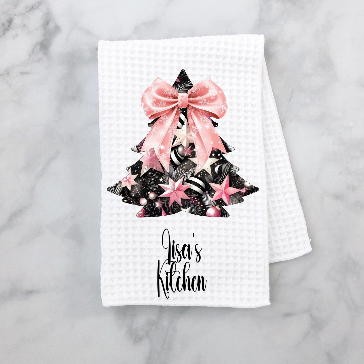 Personalized Christmas Tree Kitchen Towel  Waffle Weave Holiday Decor