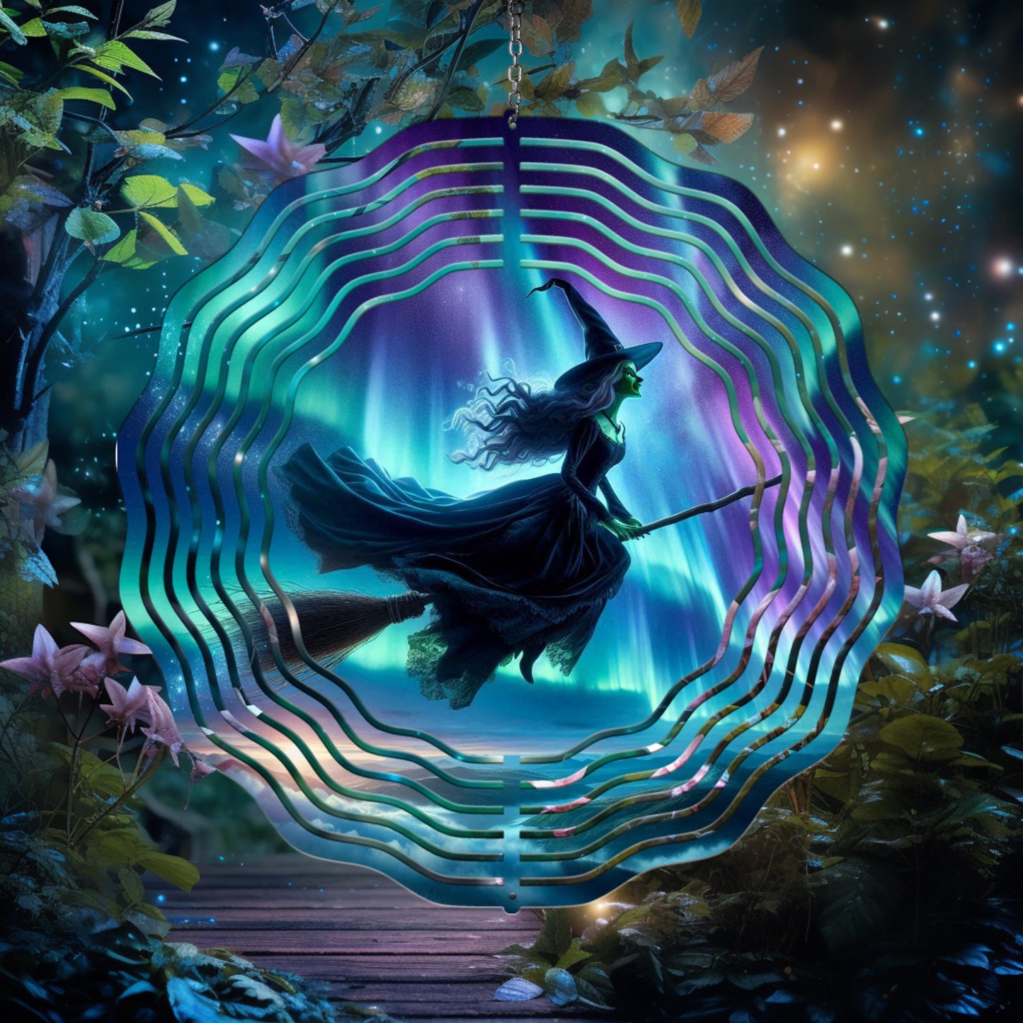 Witch on Broom Wind Spinner - Aurora Borealis Aluminum Outdoor Art for Enchanting Yard Decor
