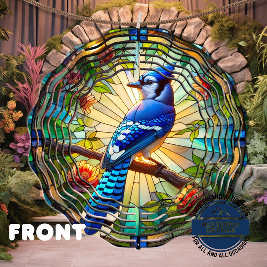 Blue Jay Wind Spinner – 10 Inch Aluminum Garden Spinner with Faux Stained Glass Decor
