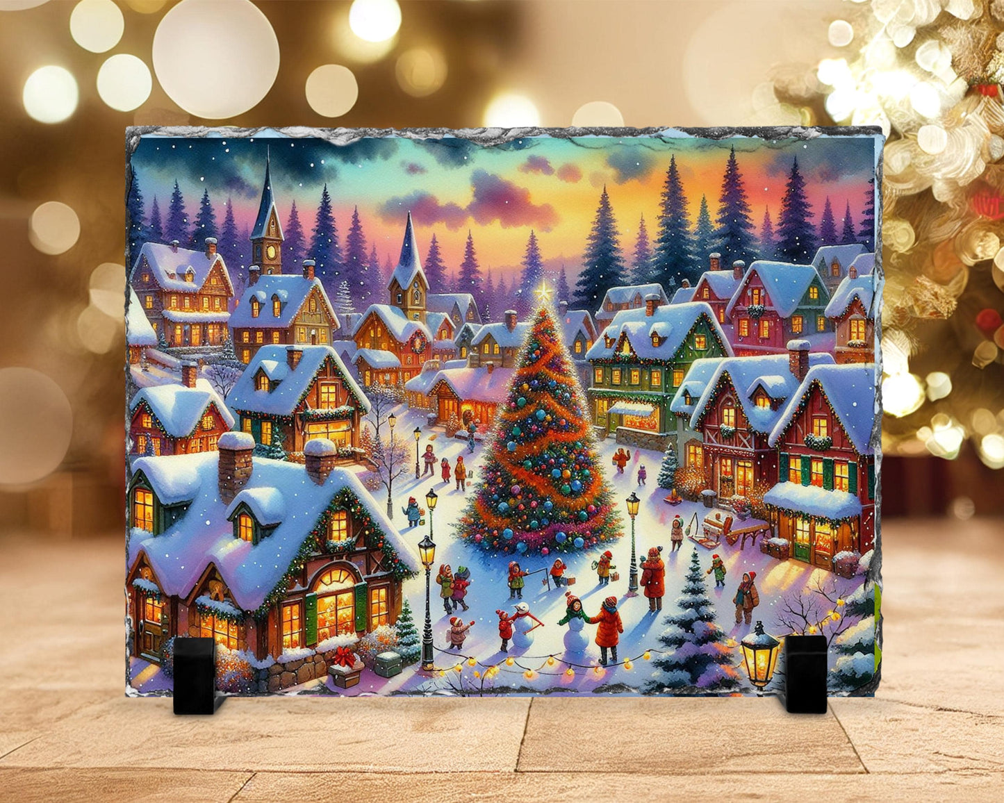 Vintage Christmas Village Slate with Winter Scene and Tree Children  Rustic Holiday Gift