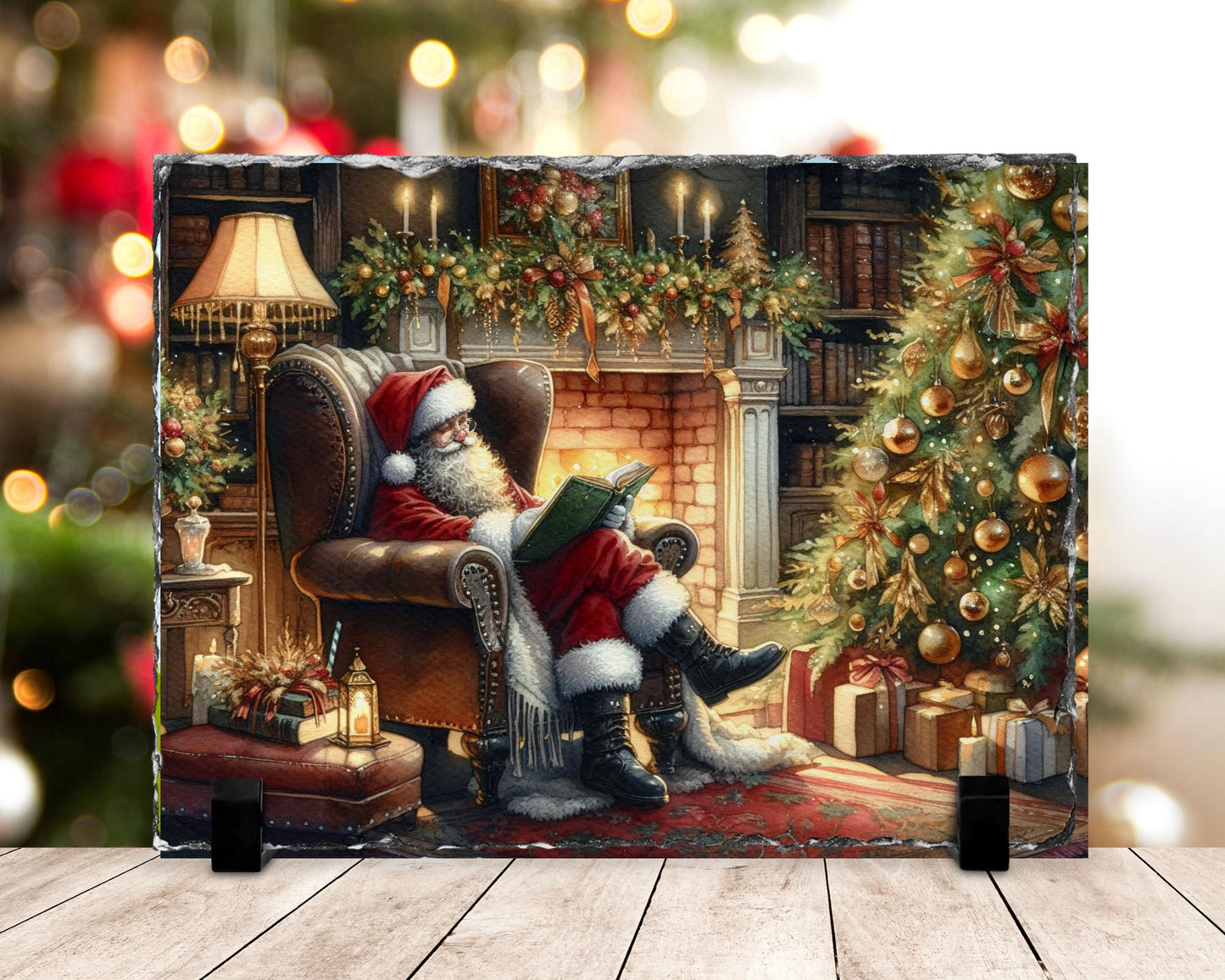 Cozy Santa Reading Slate with Fireplace  Tree - Charming Christmas Mantle Accent