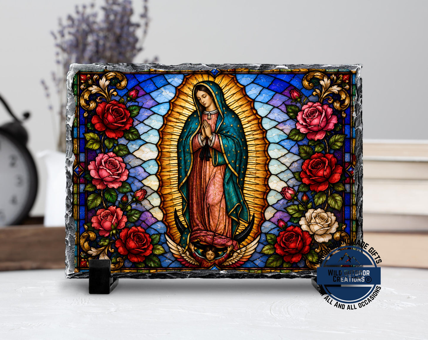 Our Lady of Guadalupe Faux Stained Glass Slate Plaque, Virgen Maria Catholic Gift