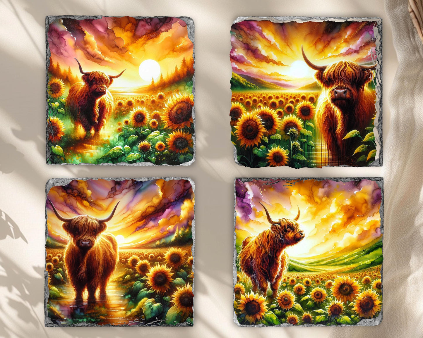 Highland Cow Slate Coaster Set with Sunflower Meadow Design  Unique Fractured Edges