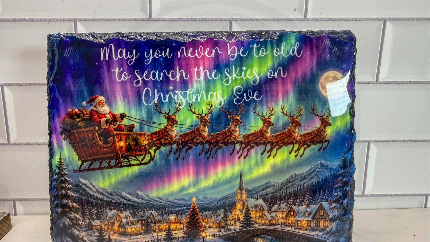 Santa Sleigh Northern Lights Slate Plaque, Christmas Eve Quote Wall Art