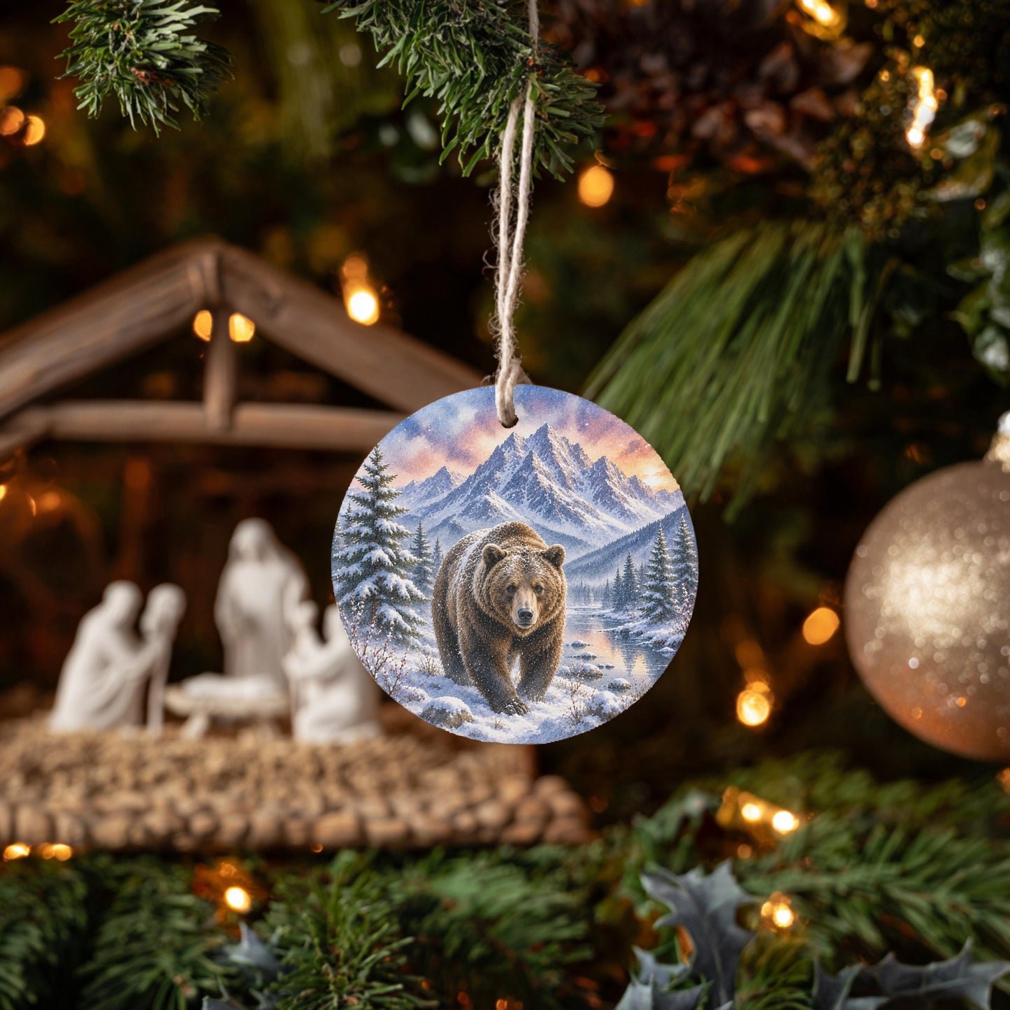 Grizzly Bear Ornament | Watercolor Mountains, Ceramic Keepsake