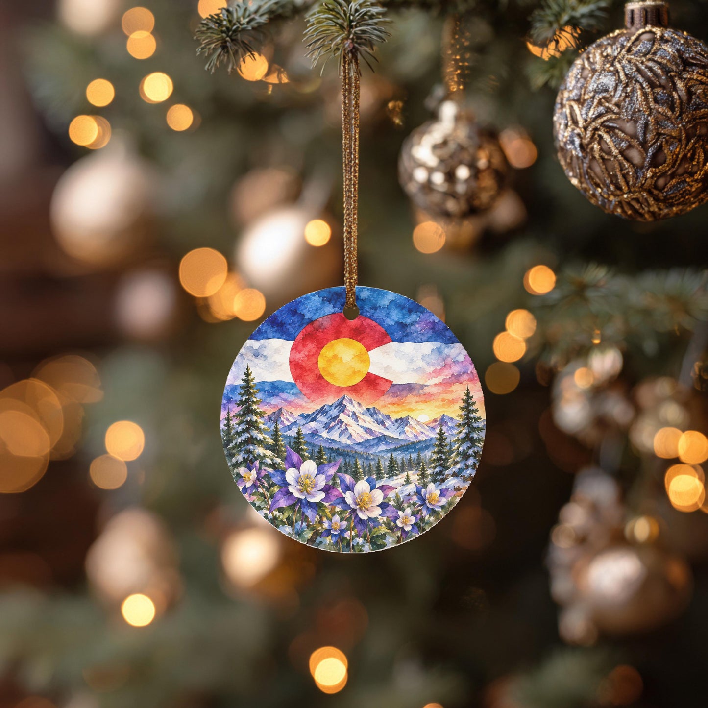 A round ornament hanging from a Christmas tree, featuring a colorful landscape with mountains, pine trees, and a red and white sun in the sky.
