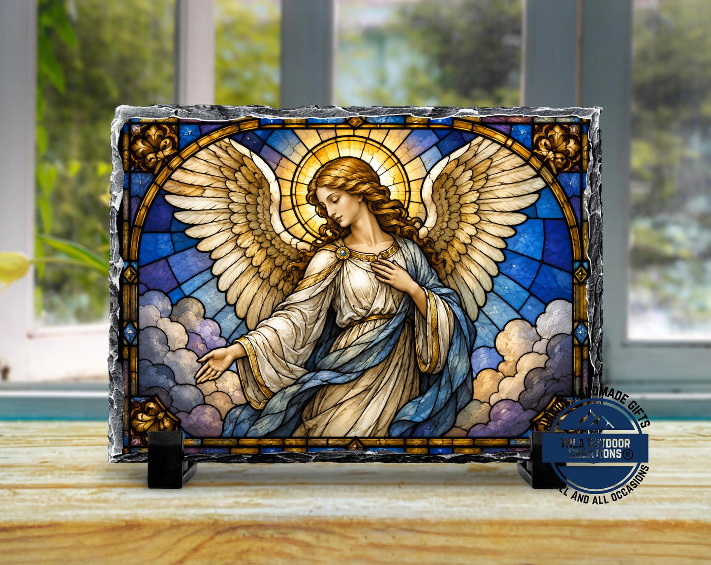 Guardian Angel Faux Stained Glass Slate Plaque, Religious Wall Decor, Christian Sympathy Gift