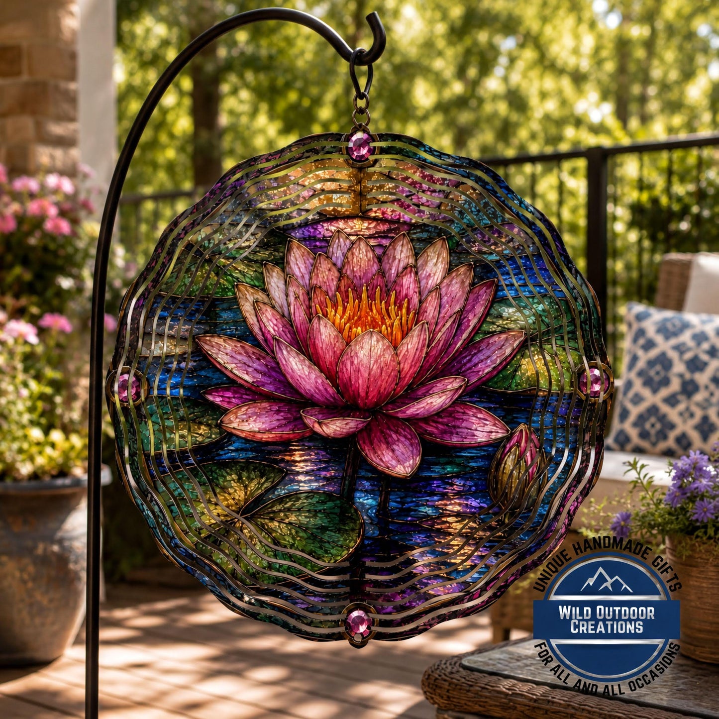 July Birth Flower Water Lily Wind Spinner 10 Inch Faux Stained Glass Metal Garden Decor