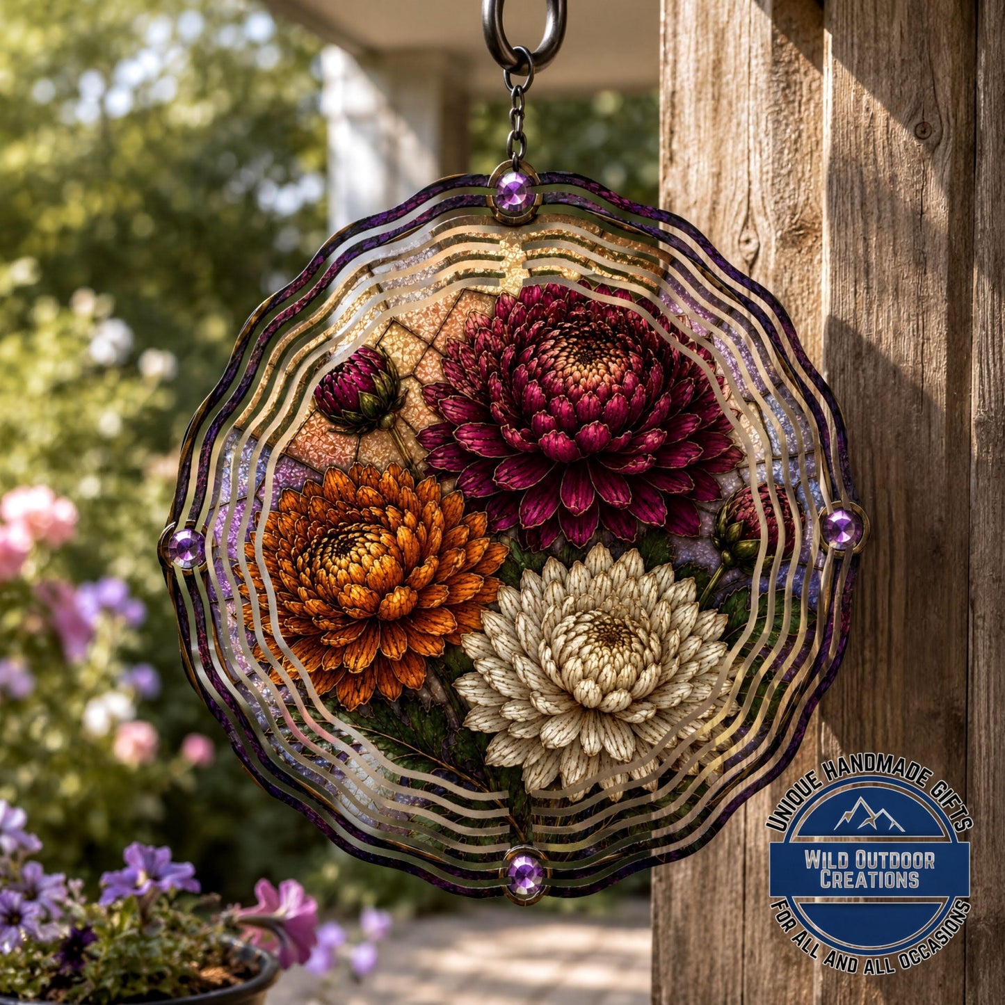 November Birth Flower Wind Spinner Chrysanthemum Faux Stained Glass Garden Gift Yard Art