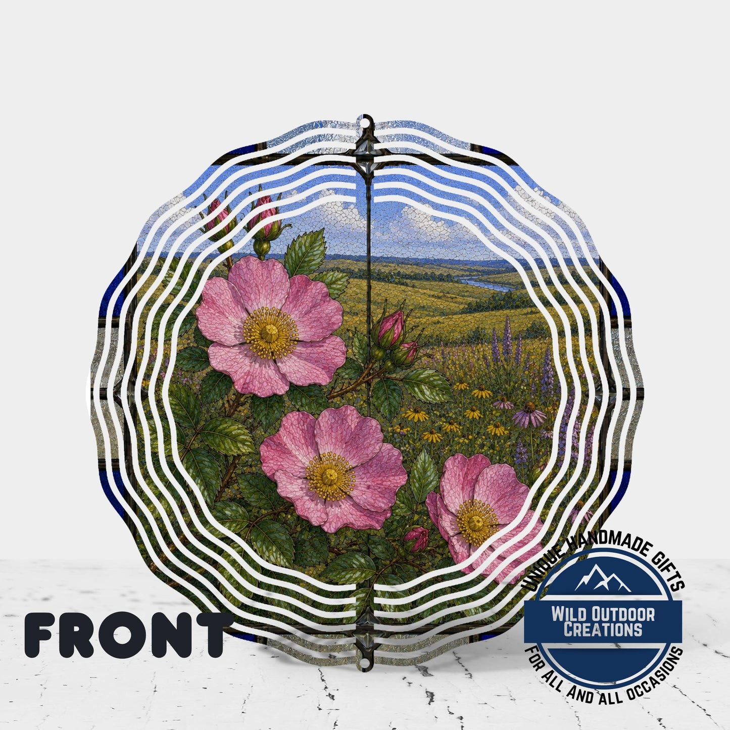 Wild Prairie Rose Wind Spinner Iowa State Flower Stained Glass Garden Aluminum Decor