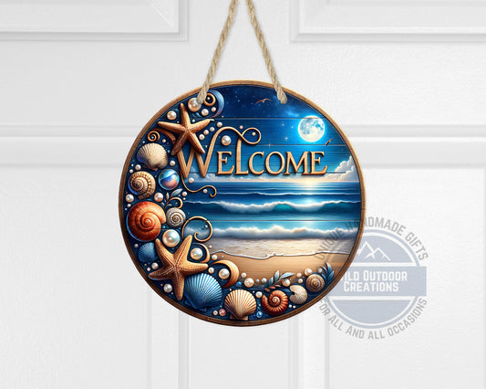 Coastal Door Sign – Nighttime Ocean View | Weather-Resistant Aluminum Outdoor Welcome