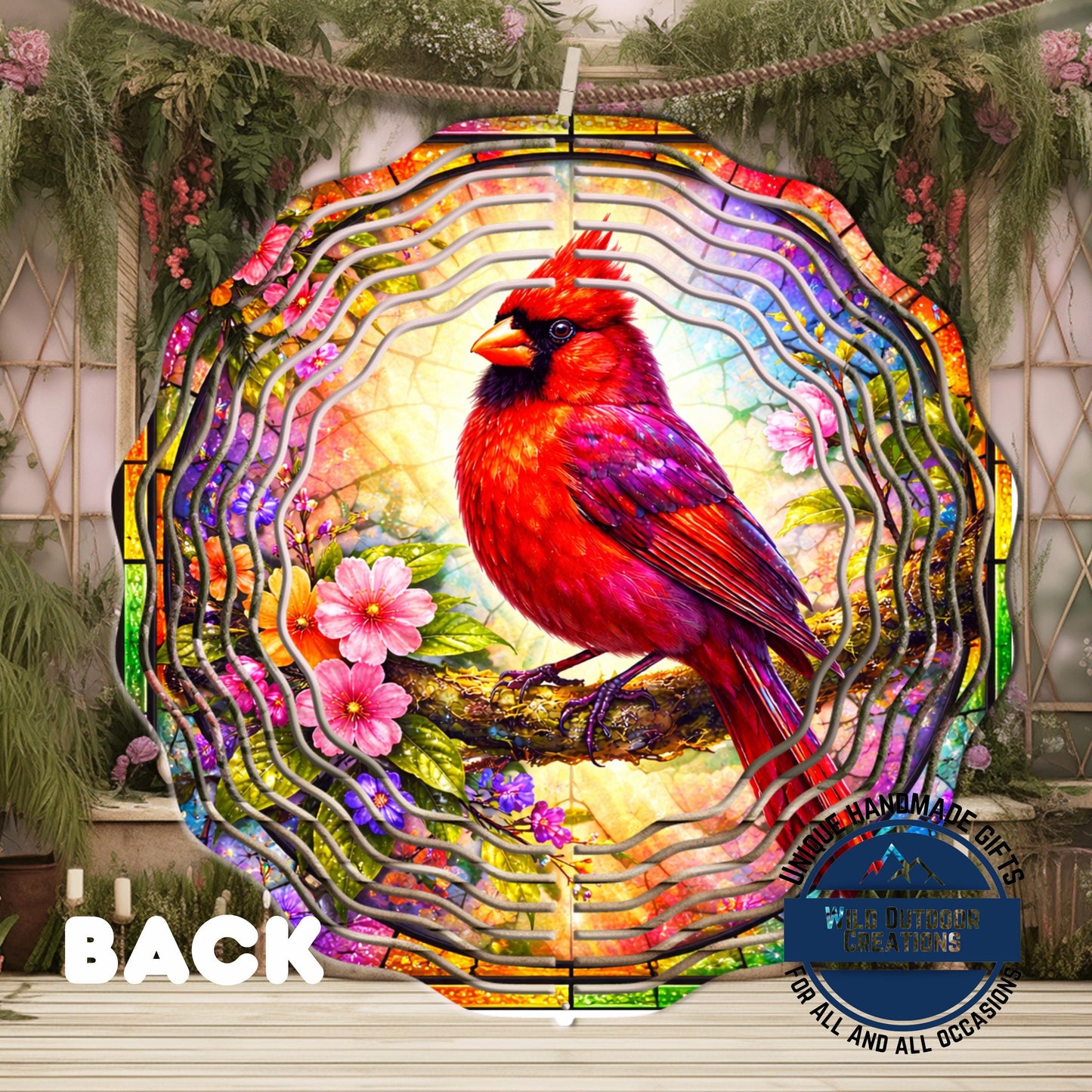 Cardinal Wind Spinner - 10 Inch Aluminum Outdoor Garden Decor With Pink Yellow Flowers