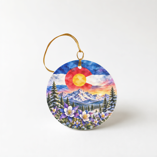 A round ornament featuring a vibrant landscape with mountains, a sun, and colorful flowers.