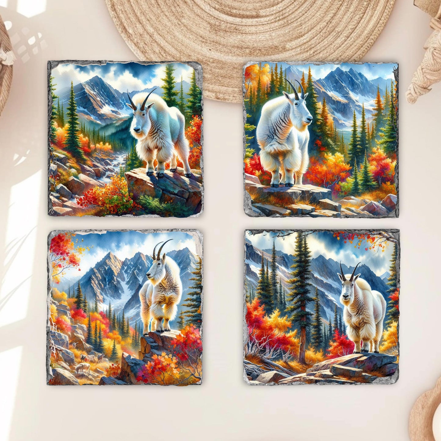 Handcrafted Slate Coaster Set with Fall Mountain Goat Designs - Perfect Gift for Nature Lovers