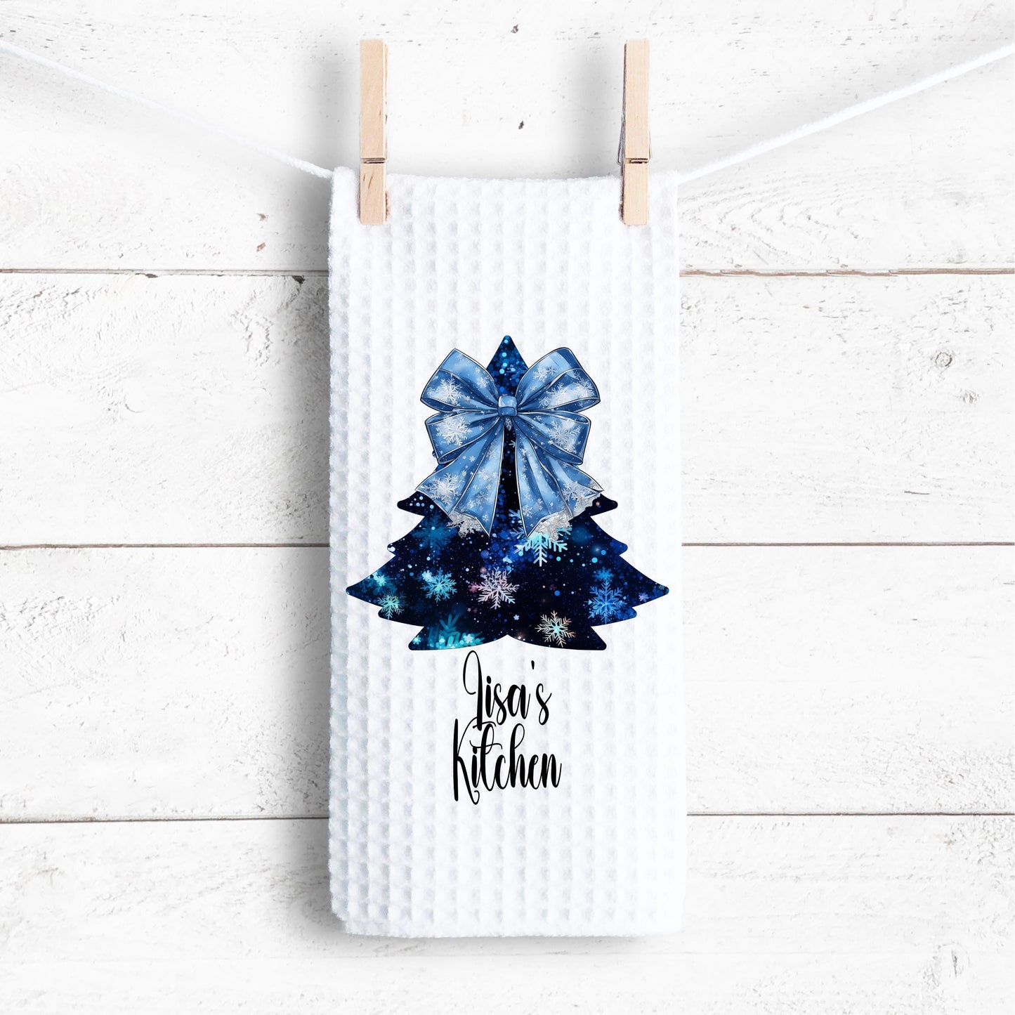 Personalized Blue Christmas Tree Kitchen Towel - Unique Holiday Decor Gift